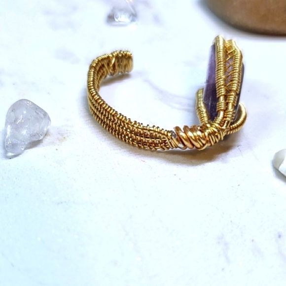 Handmade gold color adjustable ring fluorite stone - Picture 2 of 5